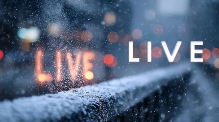 Snowy Night with 'LIVE' Sign, Winter Snowfall and Bright 'LIVE' Lights, Snowflakes and Glowing 'LIVE' Message