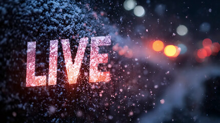 Snowy Night with 'LIVE' Sign, Winter Snowfall and Bright 'LIVE' Lights, Snowflakes and Glowing 'LIVE' Message