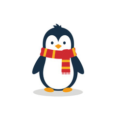 A cute cartoon penguin wearing a red and yellow striped scarf.