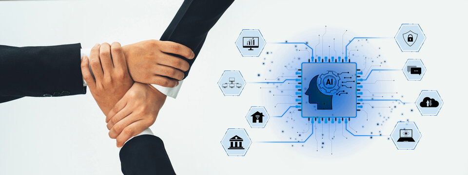 Two hands joining together symbolize teamwork and collaboration, set against a backdrop of artificial intelligence, representing innovation and modern decision-making. Trope