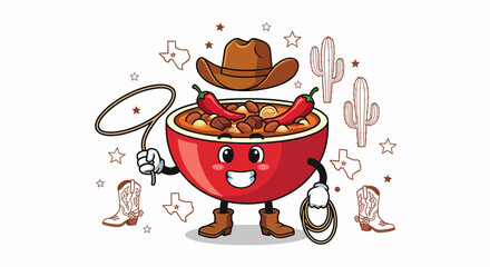 Cartoon Chili Bowl Character with Cowboy Hat and Lasso.