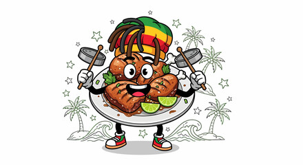 Cartoon grilled shrimp character with a Rastafarian hat and dreadlocks.