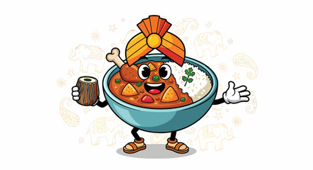 Cartoon Indian Curry Bowl Character with Turban and Drink.