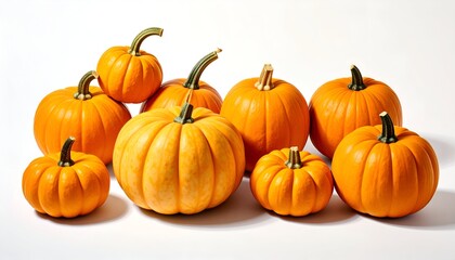 Obraz premium A group of bright orange pumpkins, varying sizes, clustered against a white backdrop