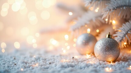 Glittering silver baubles under snowy pine branches illuminated by warm fairy lights, creating a cozy and magical winter holiday scene.