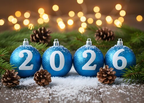 A festive and charming holiday scene featuring four vibrant blue Christmas ornaments, each adorned with bold white numbers spelling out "2026". Happy New Year. Merry Christmas