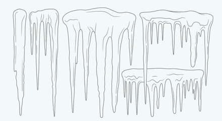 A detailed line drawing of several icicles hanging from an overhang, showcasing their varied lengths and shapes.