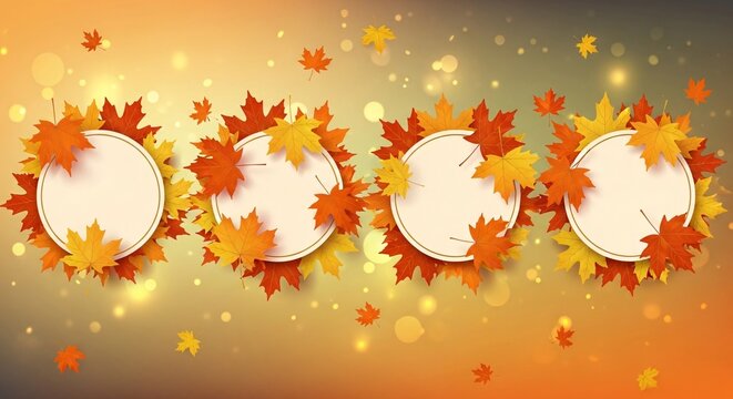 Four circular frames surrounded by colorful autumn maple leaves on a blurred golden background.