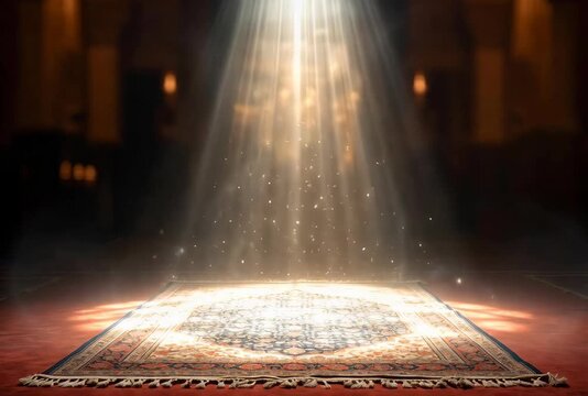 Enchanting transformation of a magic carpet with radiant energy in a grand hall setting