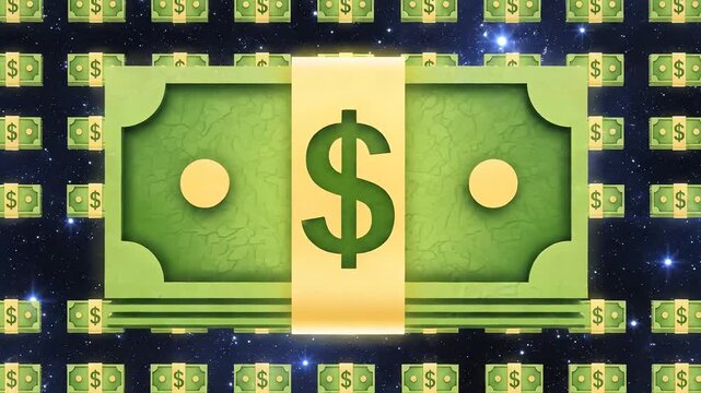 Money Bills Floating in Cosmic Galaxy with Stars.