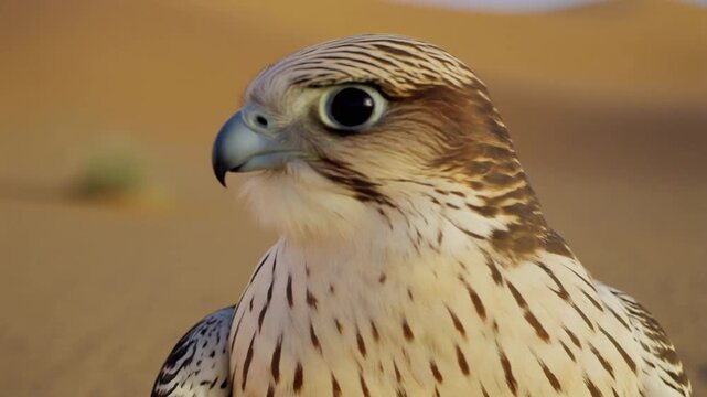 Noble Saker falcon posing with a watchful eye in a golden desert landscape