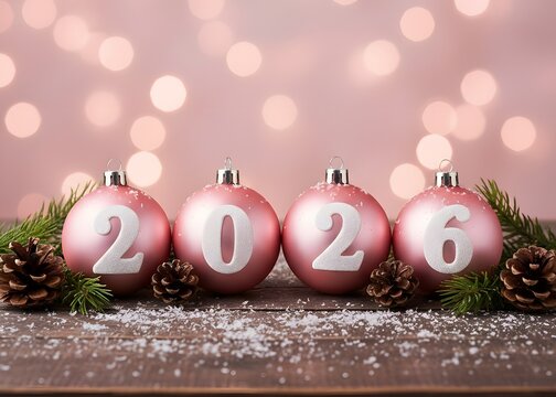 A festive and charming holiday scene featuring four vibrant pink Christmas ornaments, each adorned with bold white numbers spelling out "2026". Happy New Year. Merry Christmas