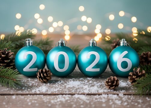 A festive and charming holiday scene featuring four vibrant teal or light blue Christmas ornaments, each adorned with bold white numbers spelling out "2026". Happy New Year. Merry Christmas