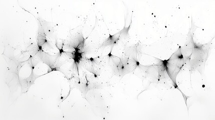 A delicate, abstract pattern formed by black ink spreading in water, creating intricate tendrils and scattered dots against a clean white background.