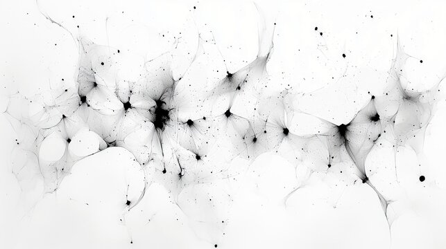 A delicate, abstract pattern formed by black ink spreading in water, creating intricate tendrils and scattered dots against a clean white background.