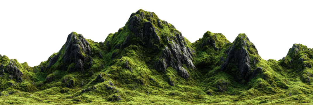 Rocky mountains, grass covered. Isolated against black