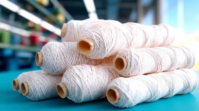 White thread spools on blue surface with industrial background