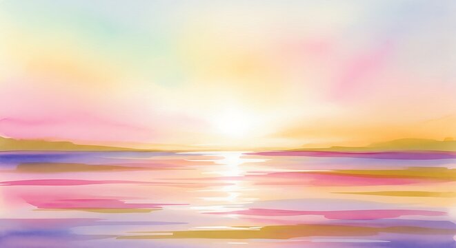 Watercolor sunset over water with pastel colors and reflection painting abstract