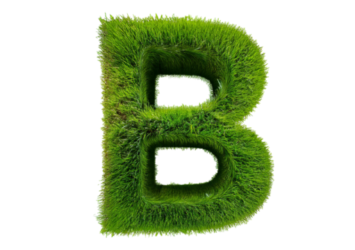 Grass font 3d rendering letter B isolated on a transparent or white background