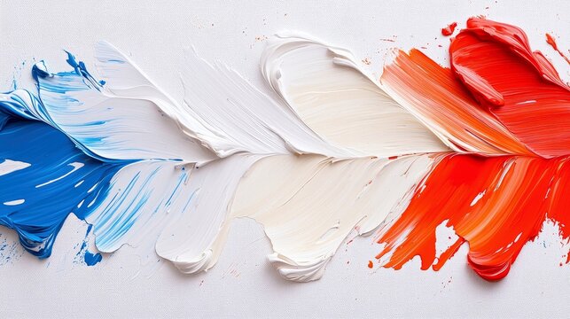 Thick, textured brush strokes of blue, white, and red paint are swiped across a white surface, creating a dynamic and abstract composition.