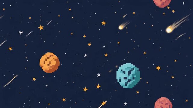 A vibrant pixel art illustration of a deep space cosmos, featuring celestial bodies, shooting stars, and a twinkling universe background
