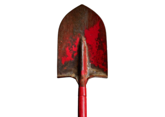 Old Rusty Shovel with Red Handle isolated on transparent or white background.