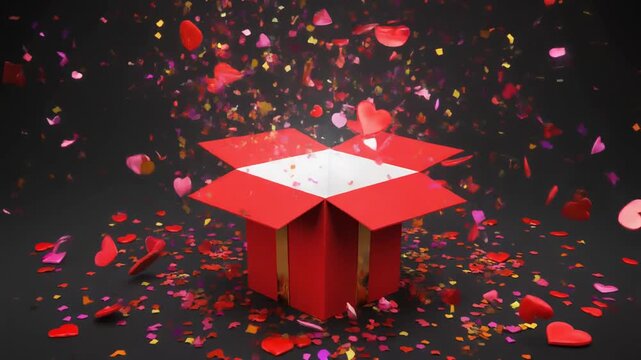 Explosion of red hearts and confetti erupting from an open gift box, symbolizing love and celebration
