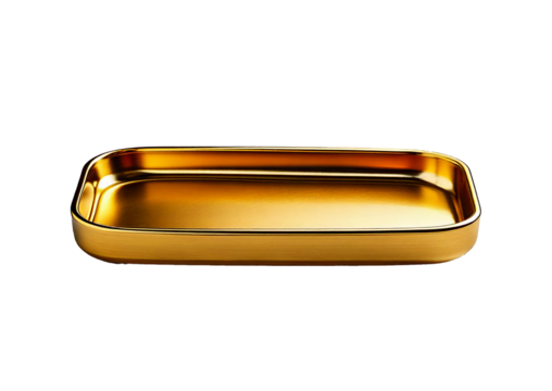 Rectangular gold tray with a smooth and reflective finish, perfect for serving, organizing, isolated on transparent or white background.