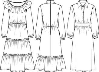 Fashion illustration, technical sketch, dress design, ruffle details, puff sleeves, garment construction, sewing pattern, tiered skirt, fashion template, apparel blueprint