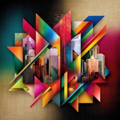 A dynamic and abstract composition featuring city buildings integrated with bold, colorful geometric shapes and lines.