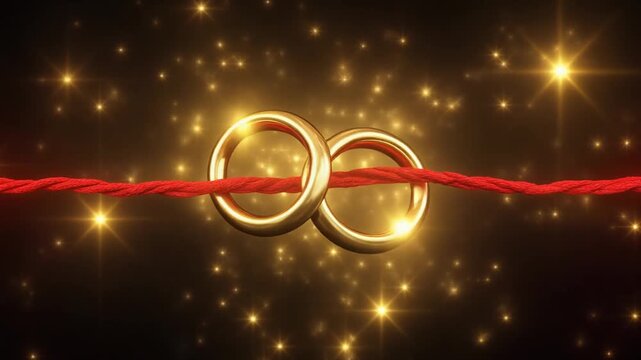 Wedding Rings Connected by a Red Thread Against a Sparkling Background A Symbol of Unity