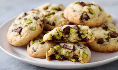 Fototapeta premium a plate of soft and delicious chocolate chip cookies with pistachios