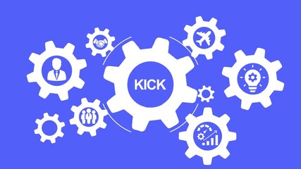 Central Gear With Kick Text Surrounded By Smaller Gears Featuring Business Icons On Blue Background - Powered by Adobe
