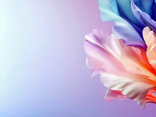 Close-up view of layered flower petals in shades of pink, purple, blue, and orange against a soft gradient background.
