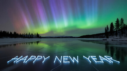 : Aurora borealis over frozen lake with Happy New Year text in icy blue and silhouetted forest at night