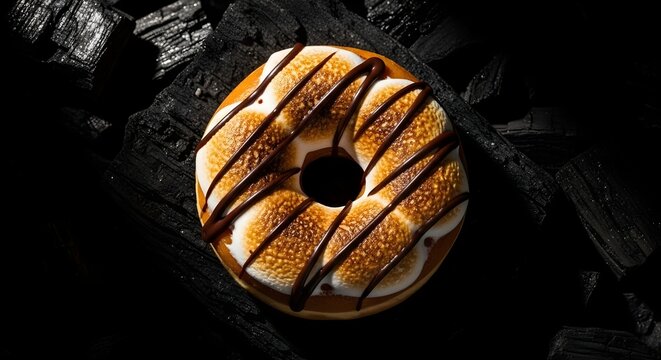 Delicious s mores donut with chocolate drizzle on a dark background