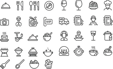 Food, icon, cooking, kitchen, chef, restaurant, dining, utensils, service, delivery, menu, grill, pot, bowl, spoon, fork, knife, timer, camera, customer