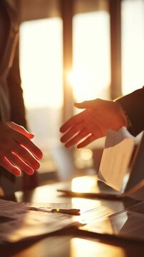 Business Partnership handshake: Two business partners reaching a handshake symbolizing deal completion. The warm sunlight streams through the background creating a soft glow. 