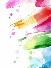 Vibrant and abstract watercolor brush strokes in various colors like pink, orange, red, green, yellow, and blue, with scattered dots, set against a clean white