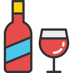 Red Wine Bottle and Glass on Transparent Background Simple Flat Icon Design