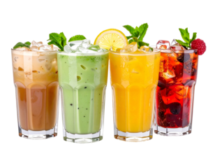 A colorful row of four refreshing fruit smoothies with various flavors and garnishes displayed on a transparent background