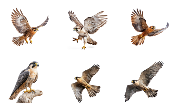 Collection of Falcon hunting A falcon hovers or glides low to the ground while scanning for prey. full length isolate on transparent background