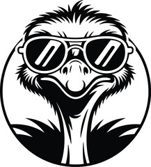 Ostrich illustration, cool bird, animal portrait, black and white, sunglasses, funny wildlife, quirky character, stylized sketch, mascot design, graphic art