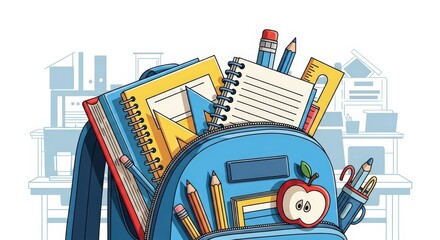 Backpack overflowing with school supplies, ready for learning.