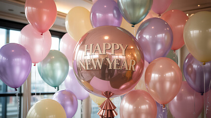 Rose-gold Happy New Year balloon centerpiece with pastel decorations in festive indoor setting