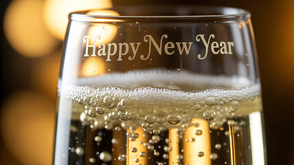 Close-up of champagne glass with Happy New Year text and rising bubbles in warm festive lighting