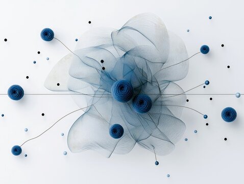 An abstract composition featuring blue rolled paper flowers and wispy netting, accented by small beads and thin connecting lines on a white surface.