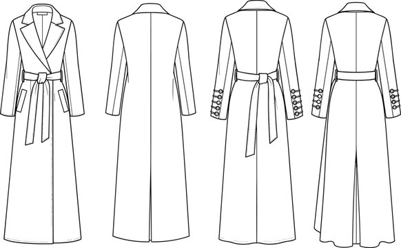 Trench coat fashion sketch, technical drawing, garment design, coat illustration, apparel blueprint, outerwear concept, sewing pattern, style reference, designer template