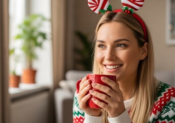 Happy Woman in Ugly Christmas Sweater Drinking Hot Beverage with Festive Candy Cane Headband