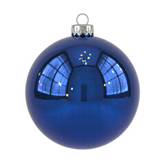 Glossy Blue Christmas Ornament Reflecting Indoor Windows and Lights Isolated on Black Background Studio Shot